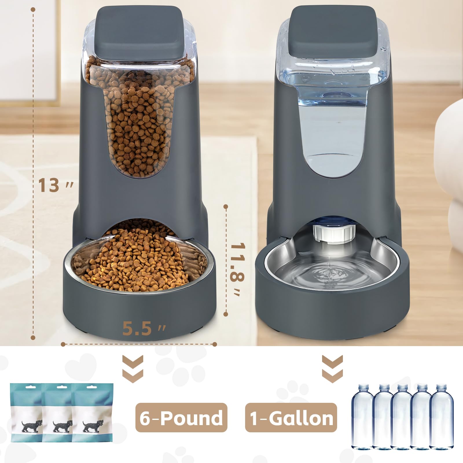 Portable Pet Feeder & Water Dispenser Set 1 Gallon x2